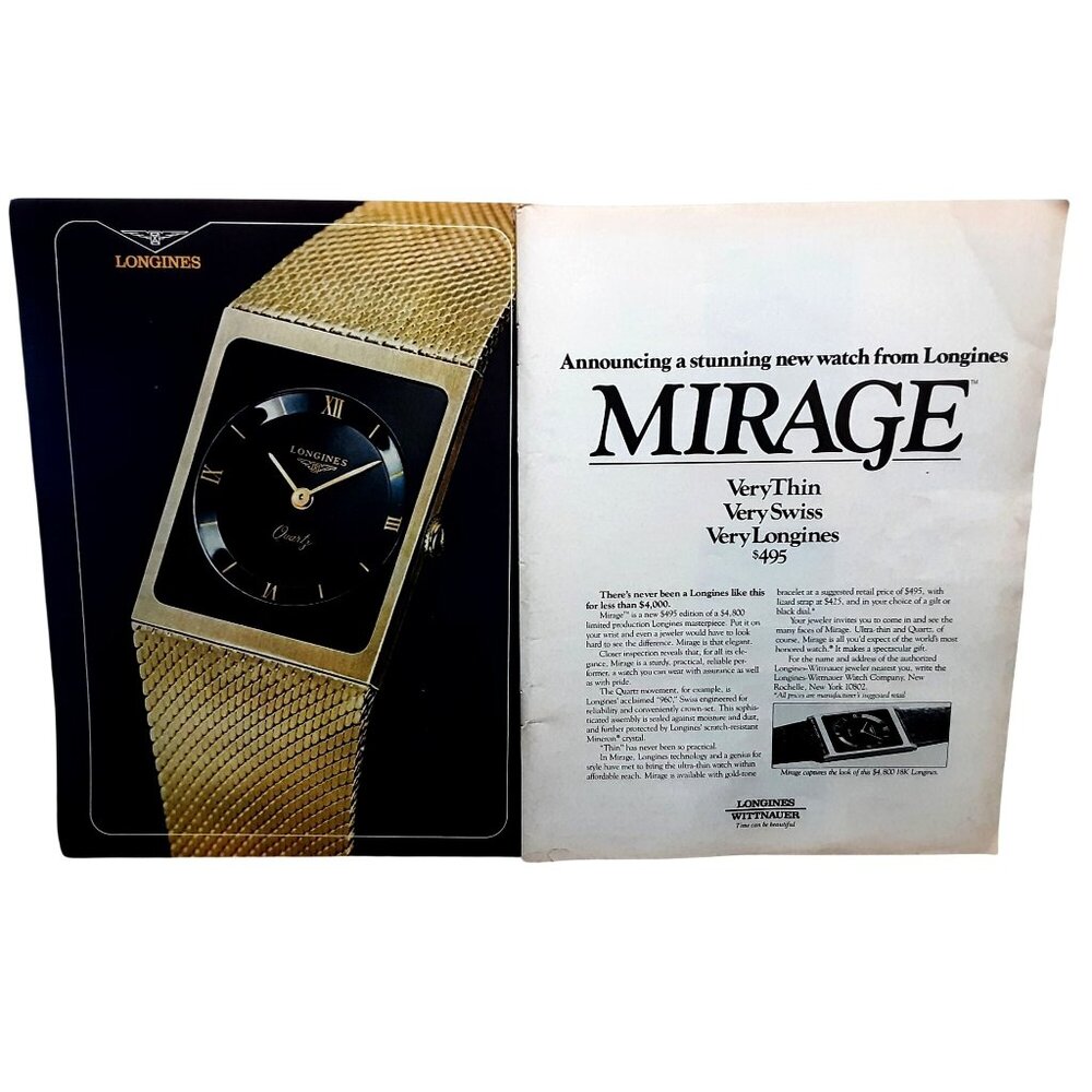 1981 Longines Mirage Watch Vintage Print Ad – Retro Swiss Quartz Gold Timepiece